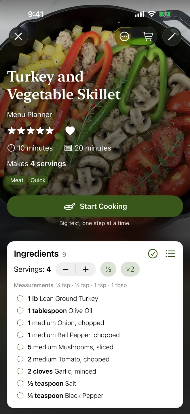 Turkey and Vegetable Skillet recipe with its photo, rating, times and a Start Cooking button